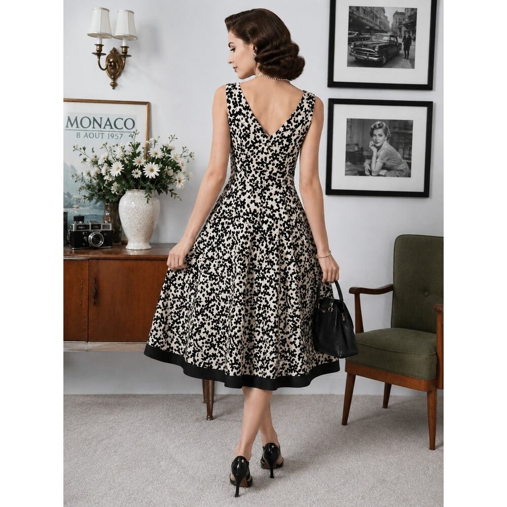 R&K Originals Vintage Inspired Classic V-Neck Midi Dress Rockabilly Fit&Flare - Picture 2 of 7
